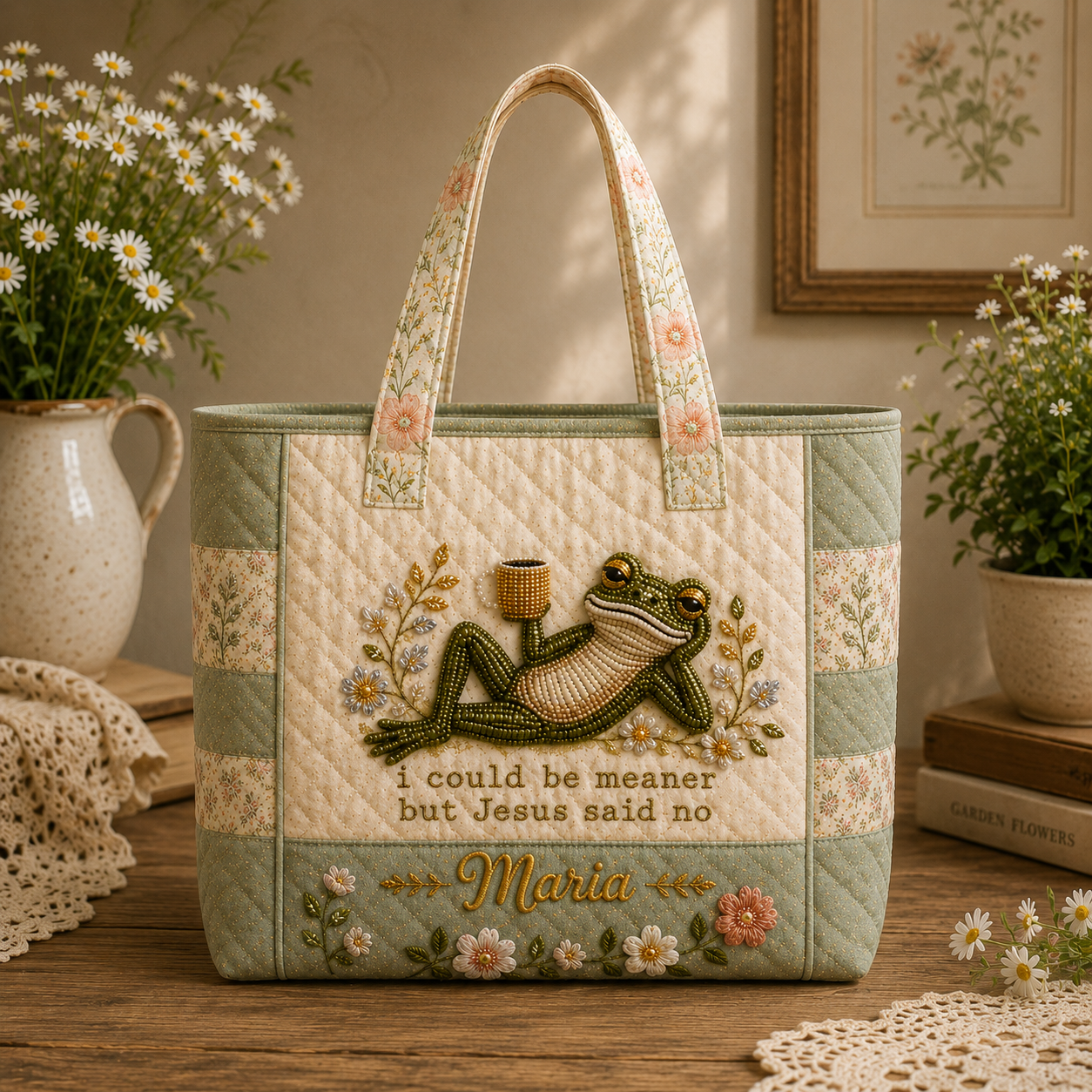 Funny Christian Frog - Personalized Quilted Tote Bag - NSK10082