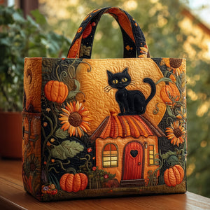 Black Cat Pumpkin Sunflower Quilted Tote