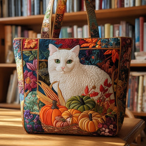 White Cat Autumn Leaves Tote Bag