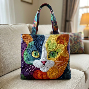 Colorful Swirly Cat Quilted Tote