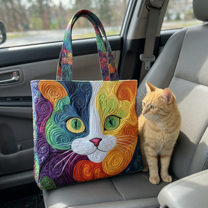Colorful Swirly Cat Quilted Tote