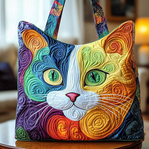 Colorful Swirly Cat Quilted Tote