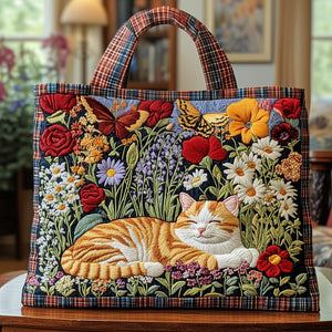 Sleeping Cat Flowers Quilted Tote