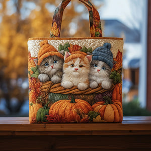 Kittens Autumn Pumpkins Quilted Tote