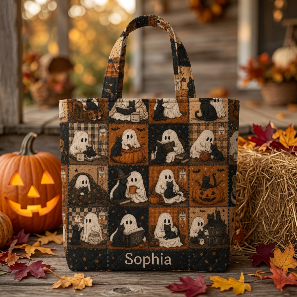 Black Cat Halloween Cute Ghost - Personalized Quilted Tote Bag - NSK10089