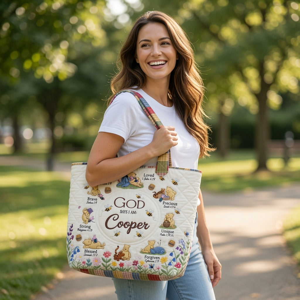 Honey Bear God Says I Am - Personalized Quilted Tote Bag - NSK10109