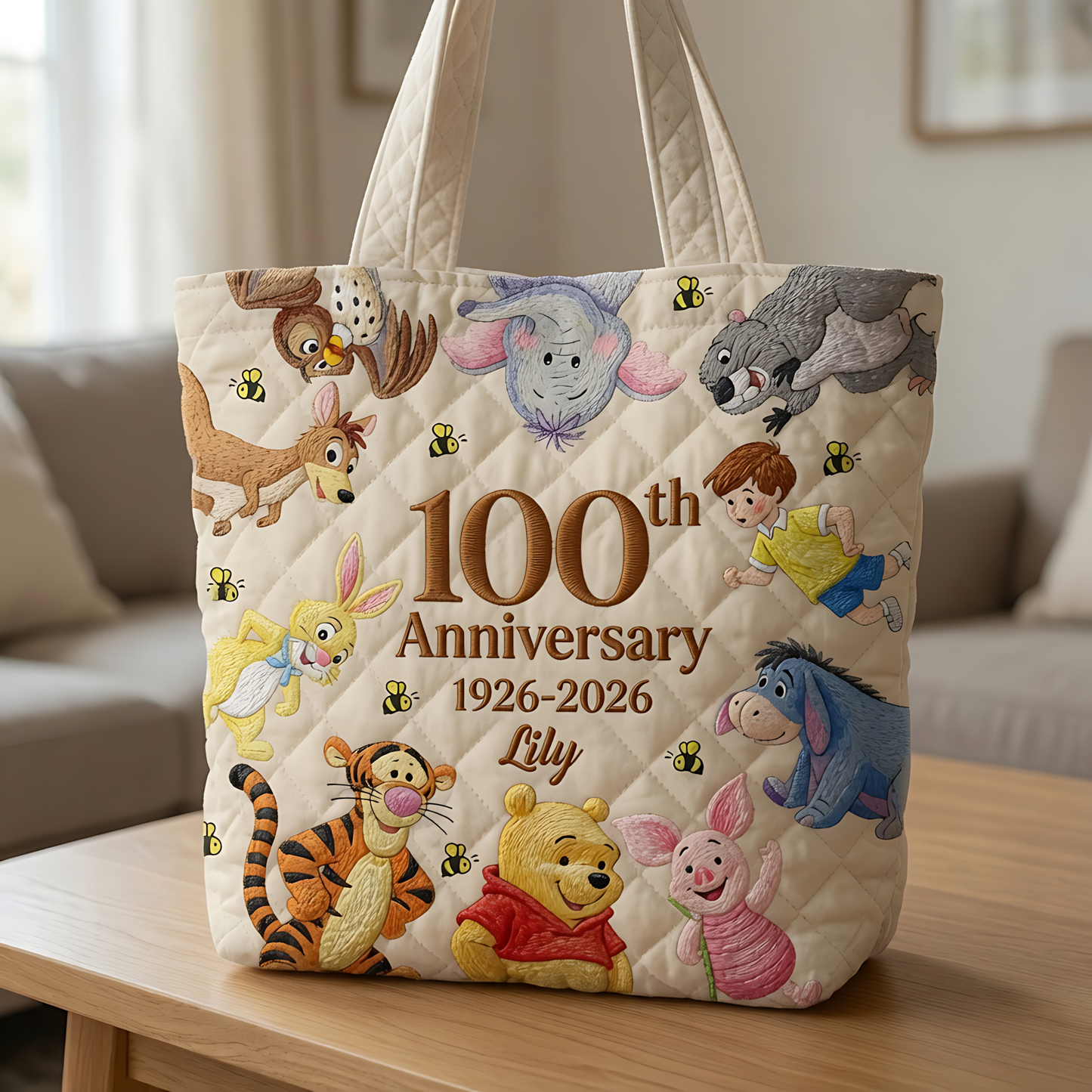 100th Anniversary Funny Time With Honey Friends - Personalized Quilted Tote Bag - NSK10044