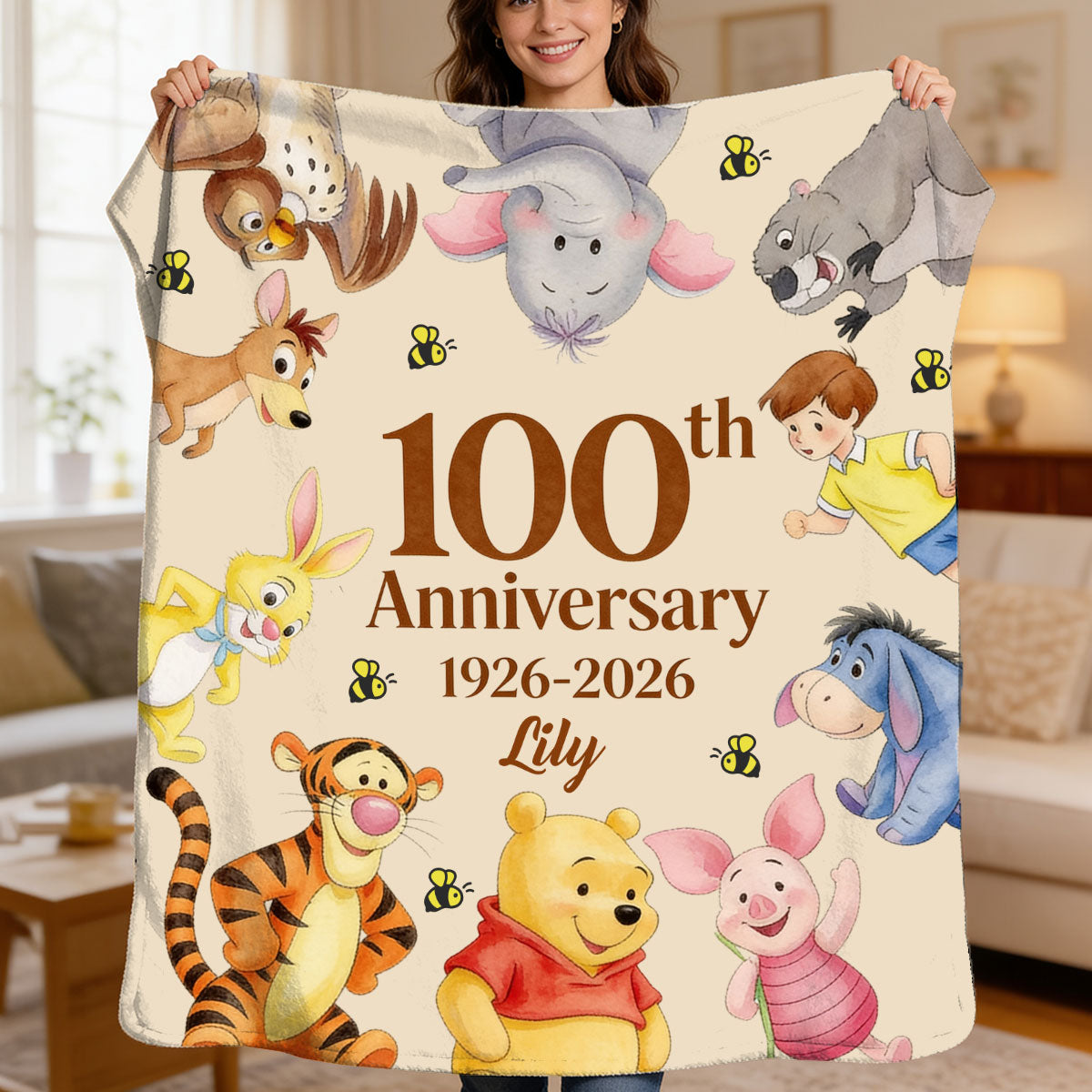 Honey Bear Celebrate 100 Years Of Friendship - Personalized Yellow Bear Blanket - NSK10074