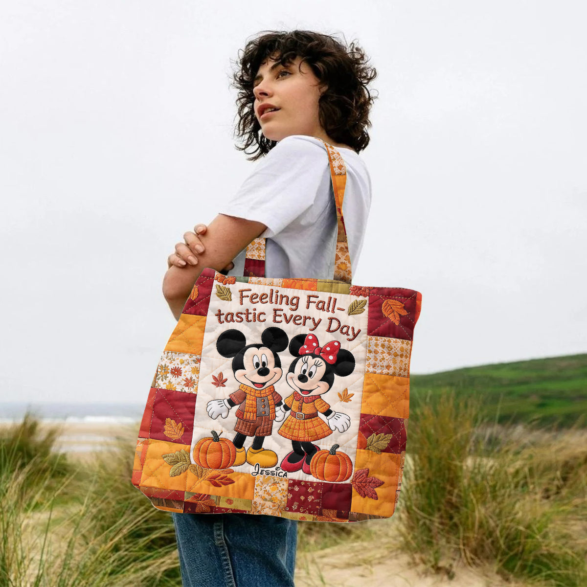 Cartoon Mouse Couple Autumn Vibes - Personalized Quilted Tote Bag - NSK10093