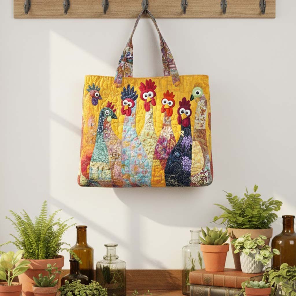 Everyday Colorful Chickens Quilted Tote