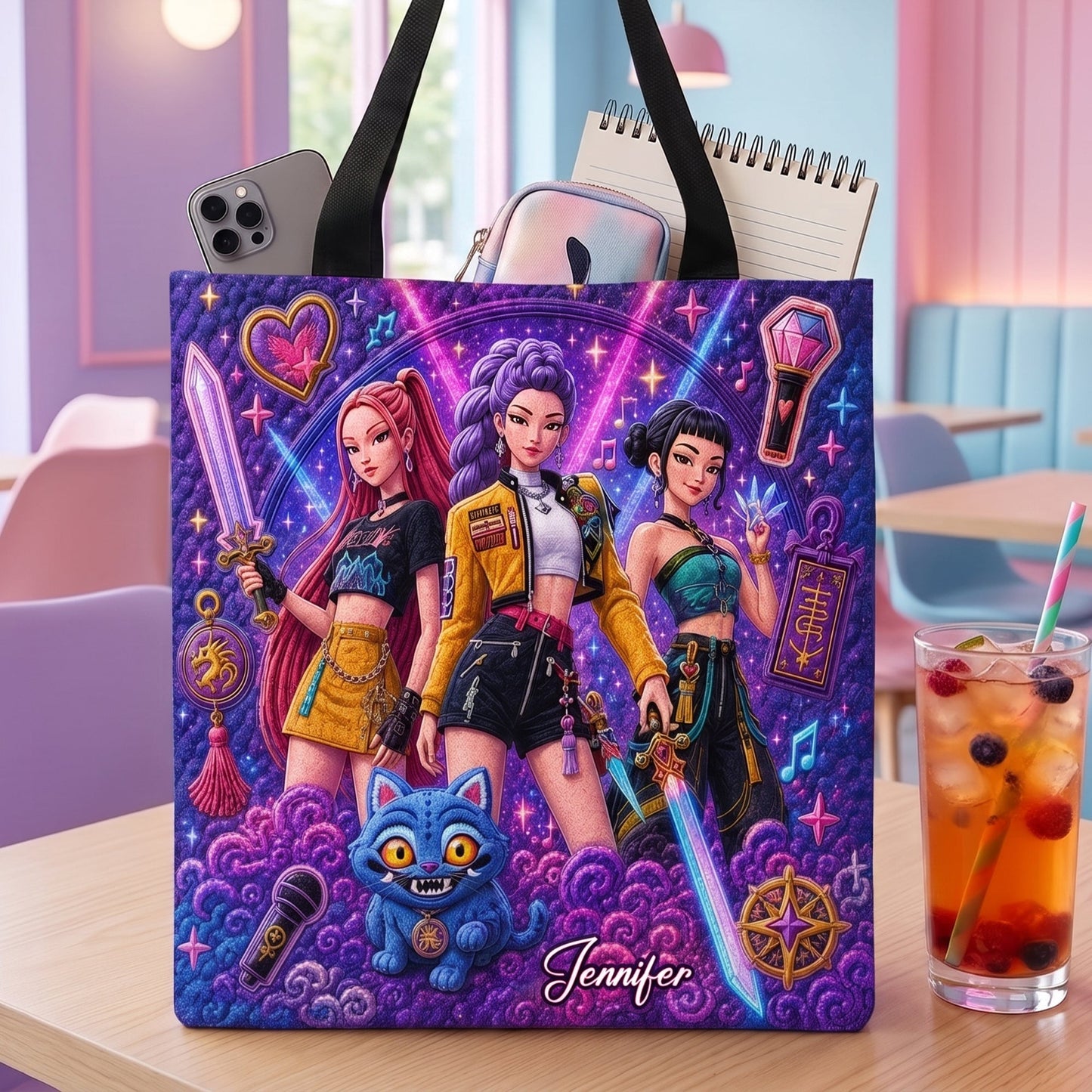 Girls Purple Neon Music Squad - Personalized Tote Bag - NSK10076