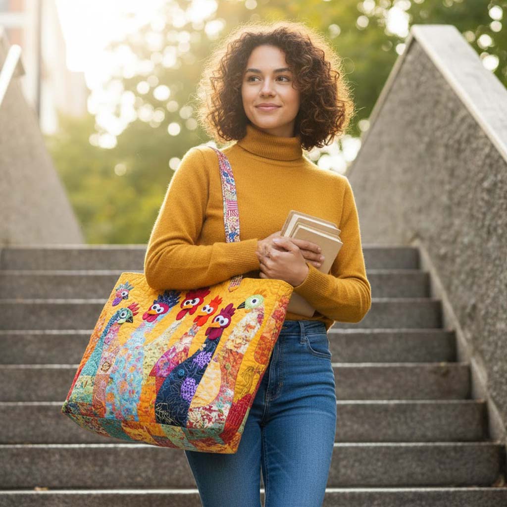 Everyday Colorful Chickens Quilted Tote