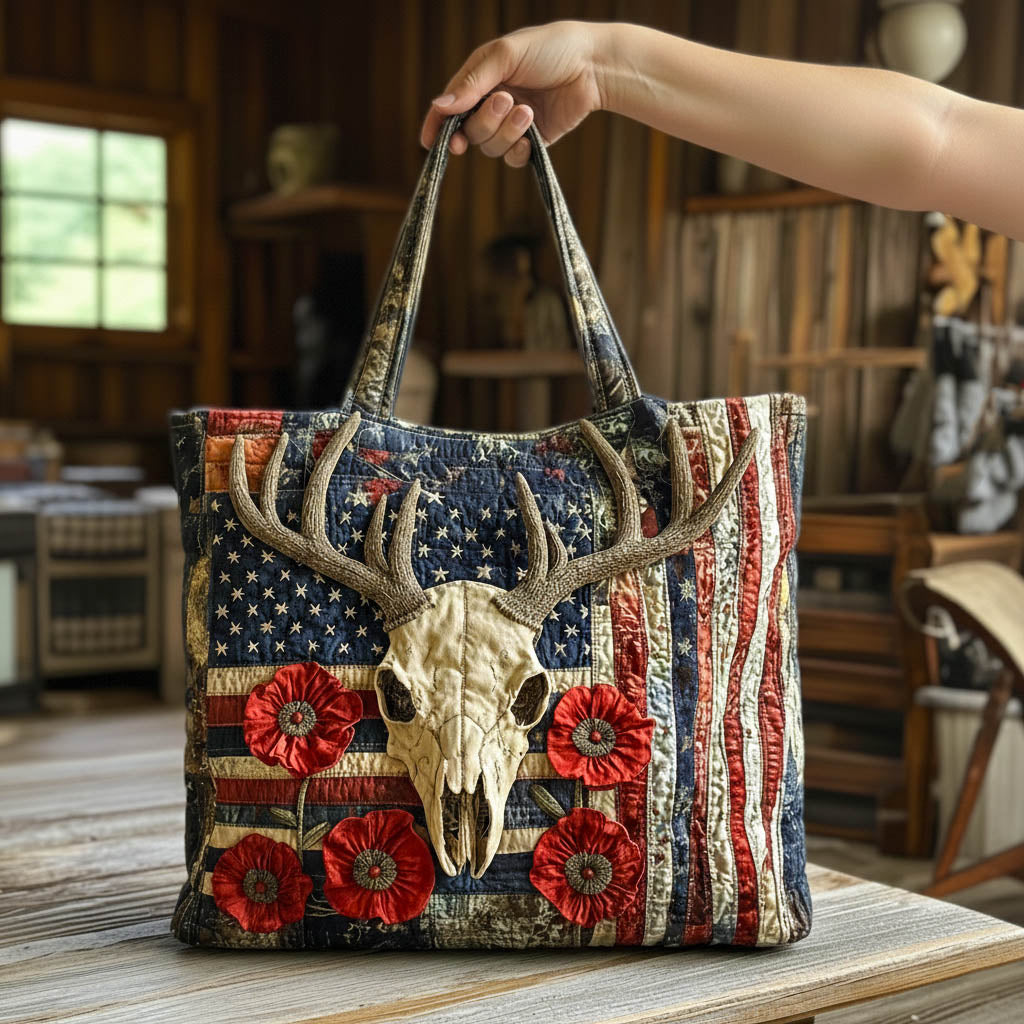 Deer Skull American Flag Quilted Tote
