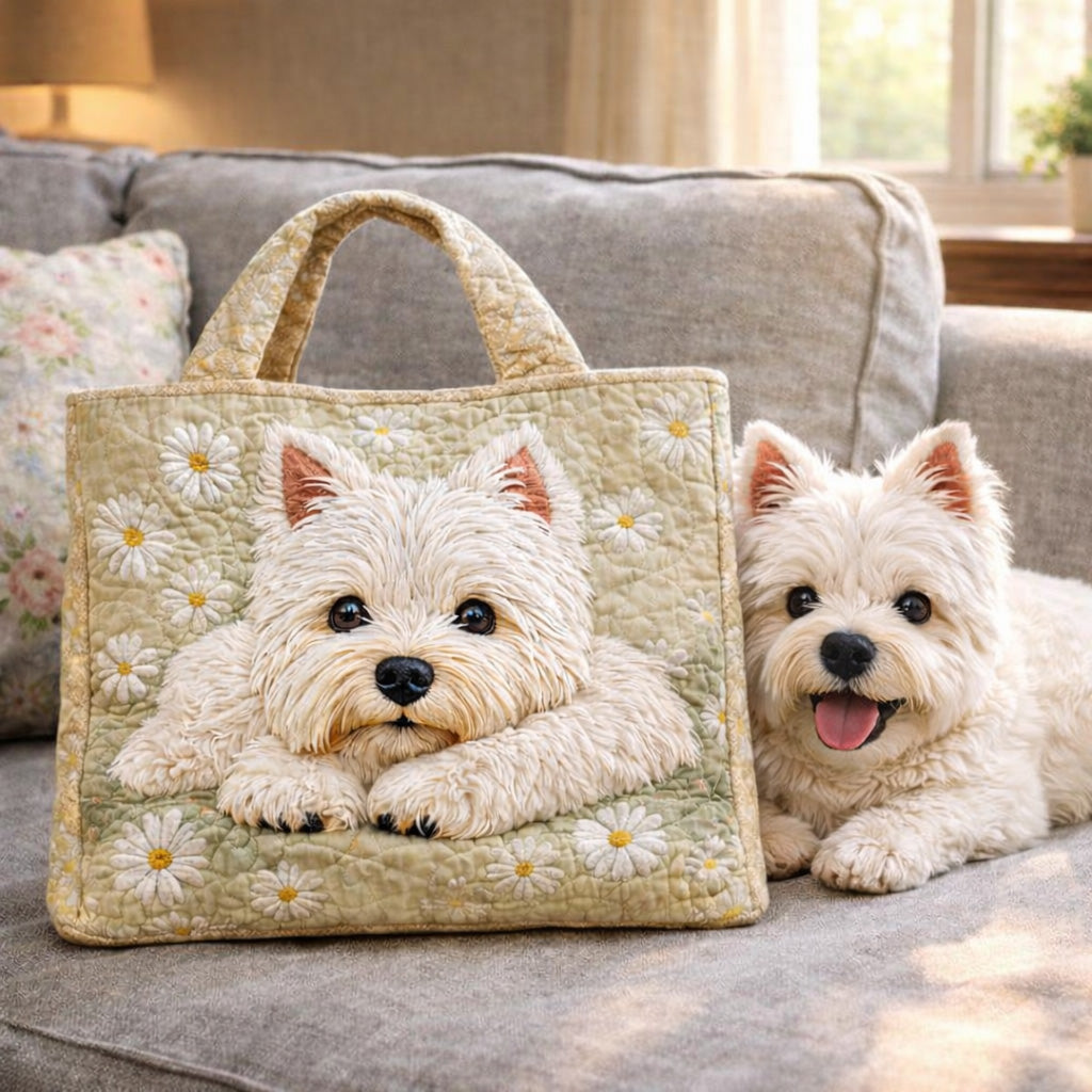 Westie Dog Daisies Quilted Tote