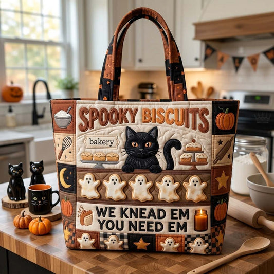 Black Cat Ghost Biscuits Quilted Tote