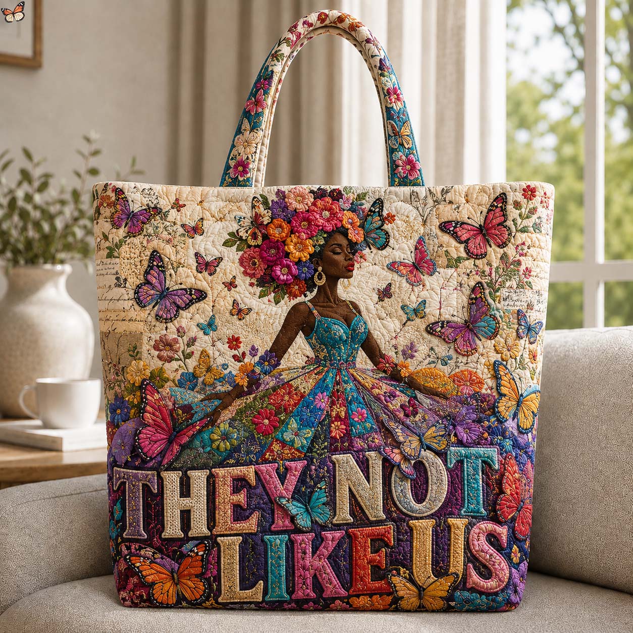 Black Woman Butterflies Quilted Tote