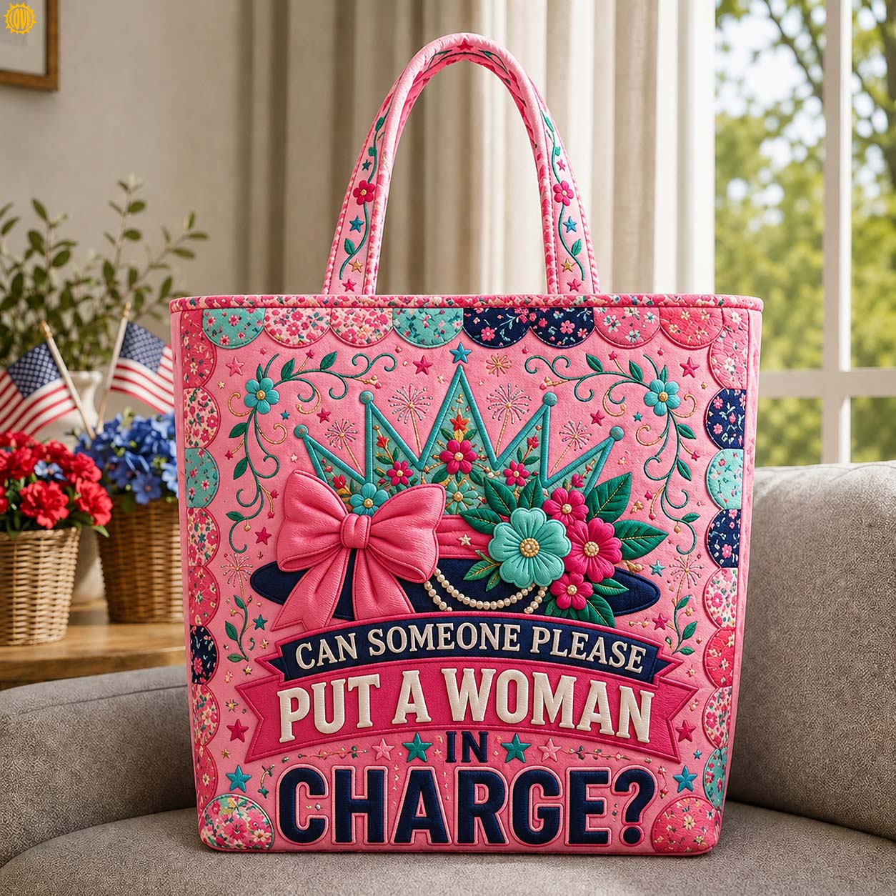 Pink Crown Floral Quilted Tote
