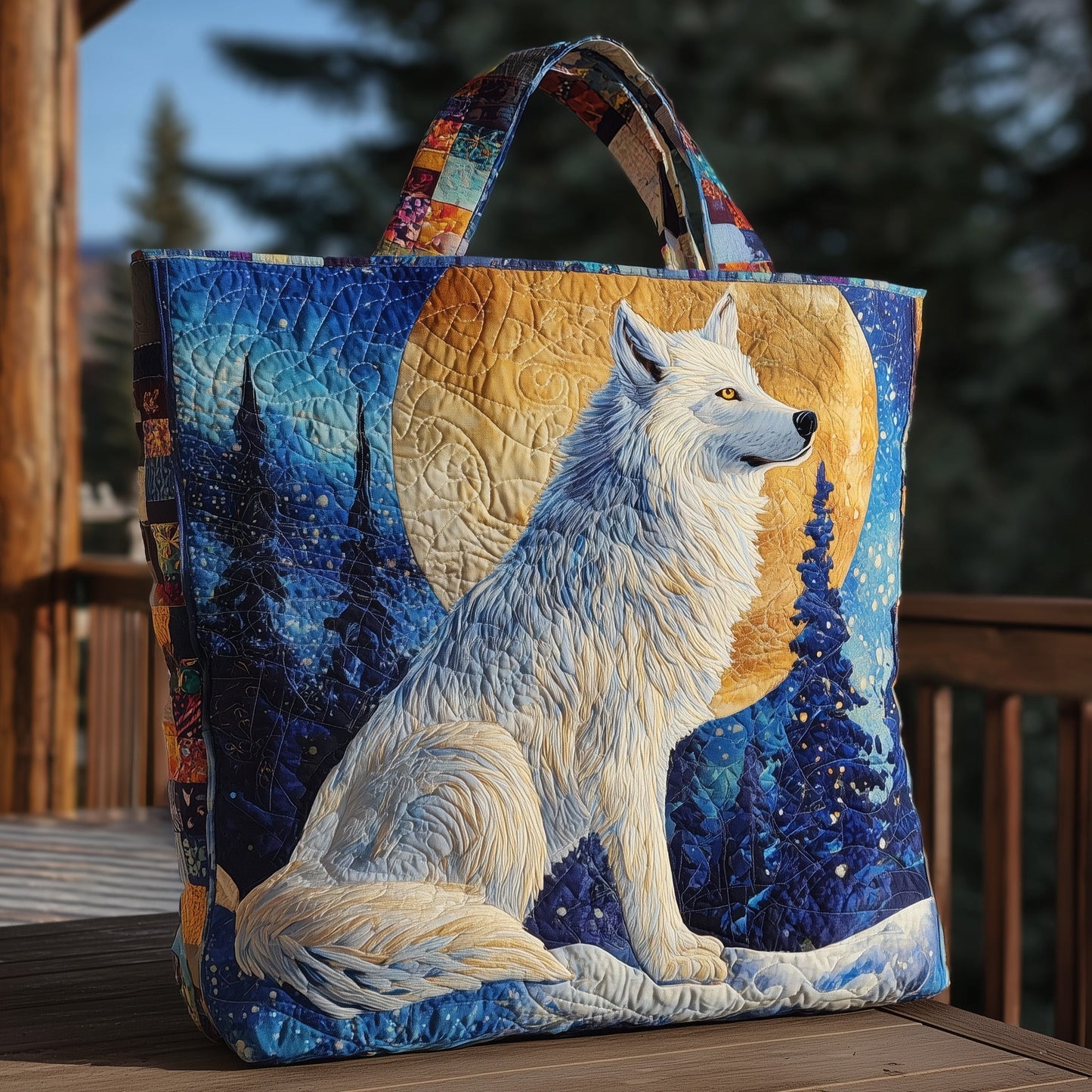 White Wolf Forest Scene Quilted Tote