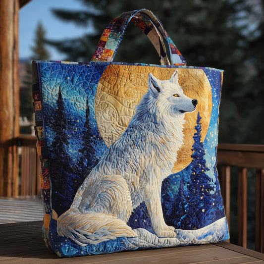 White Wolf Forest Scene Quilted Tote