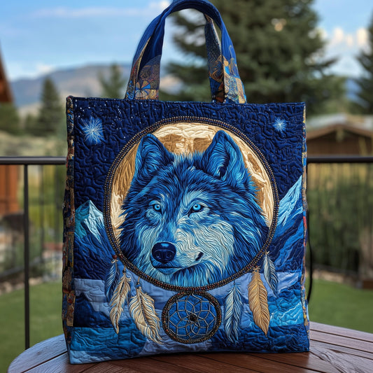 Blue Wolf Dreamcatcher Quilted Tote