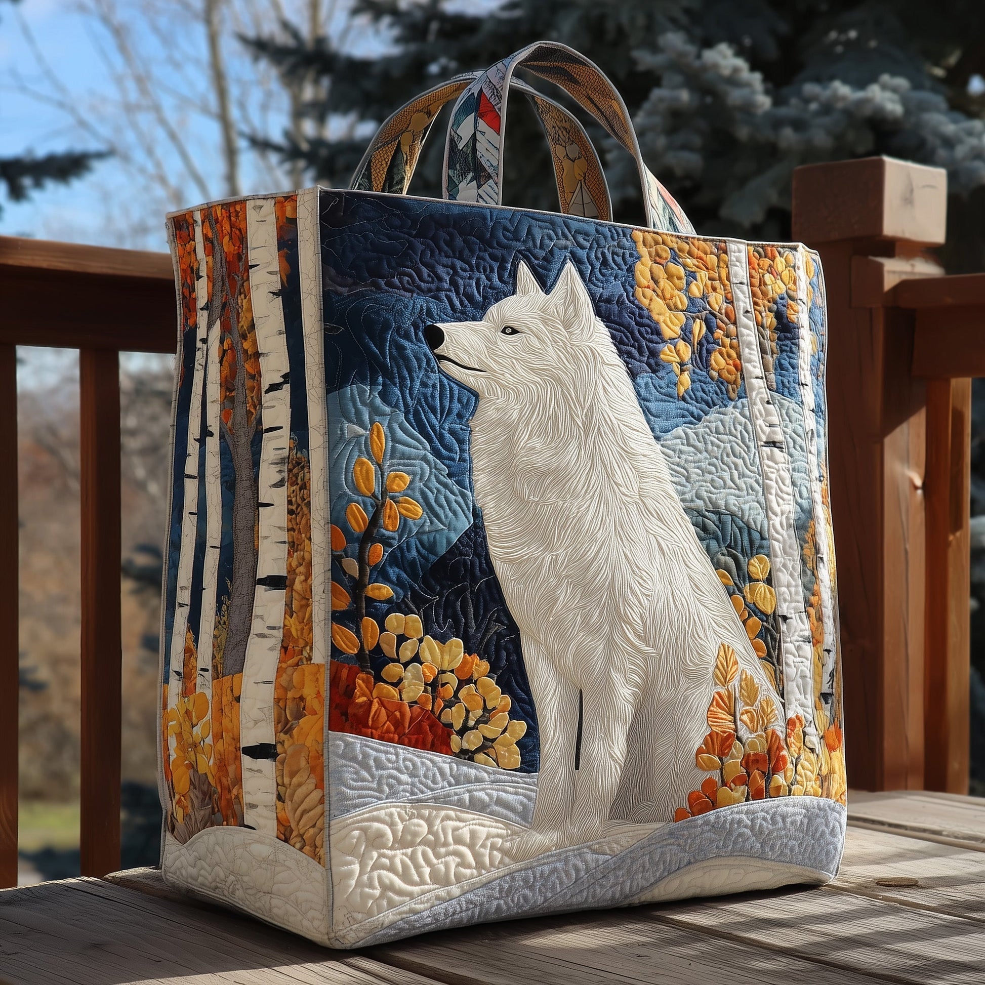 White Wolf In Forest Quilted Tote