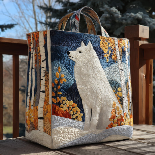 White Wolf In Forest Quilted Tote
