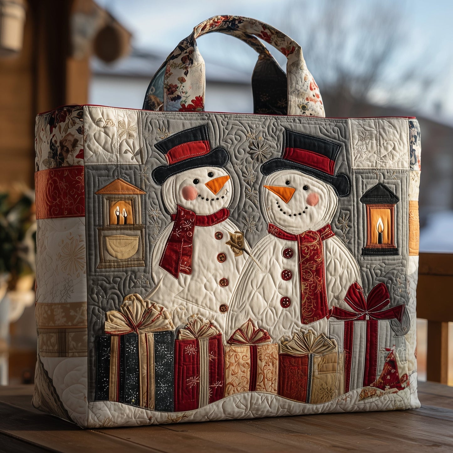 Snowman Holiday Scene Quilted Tote