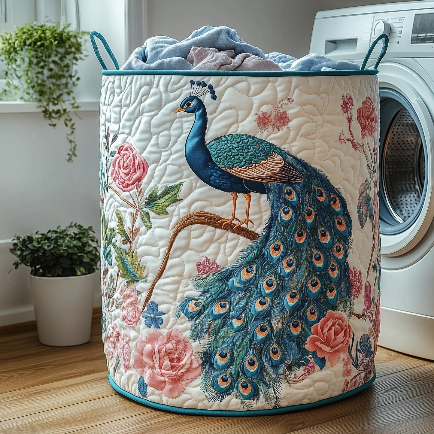 The Elegant Peacock Quilted Laundry Basket Tote 0182