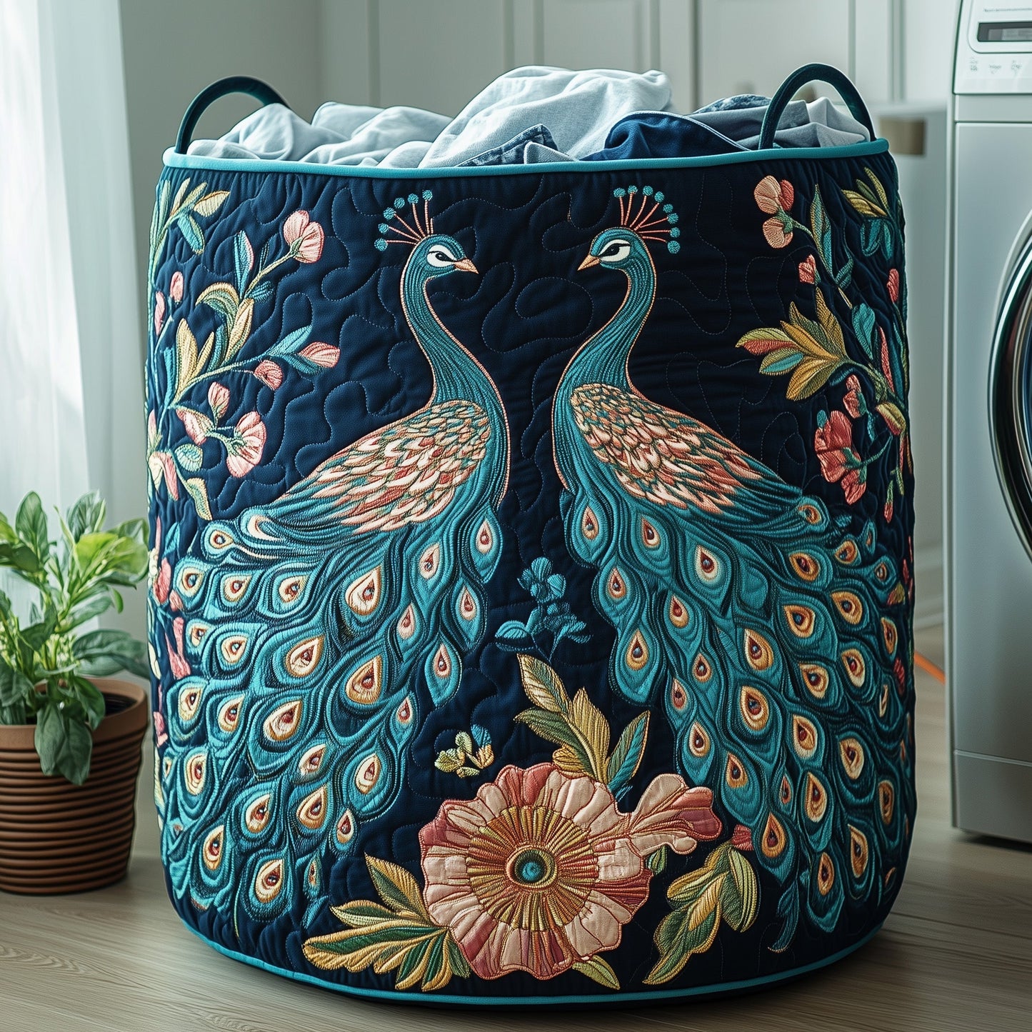 The Elegant Peacock Quilted Laundry Basket Tote 0183