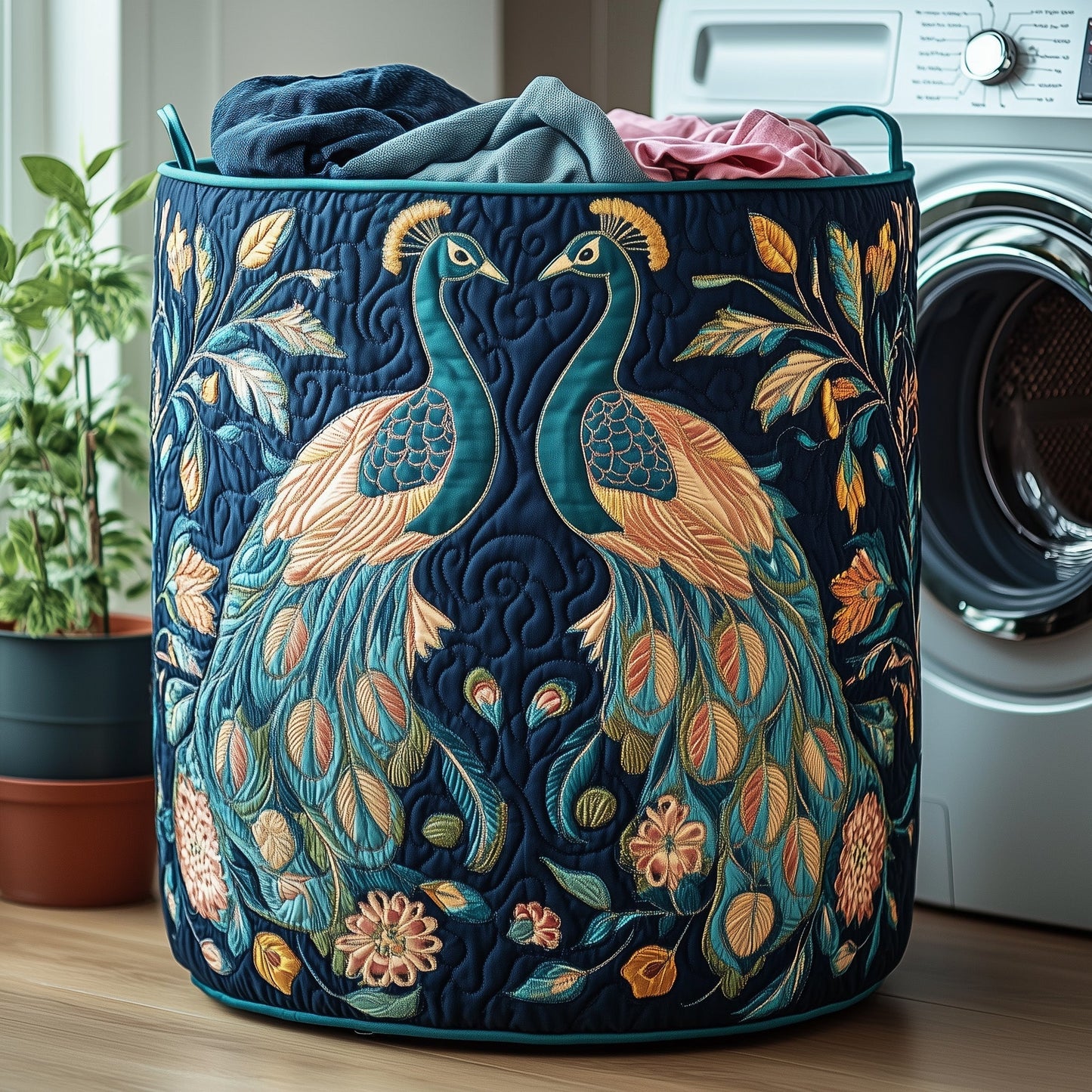 The Elegant Peacock Quilted Laundry Basket Tote 0184