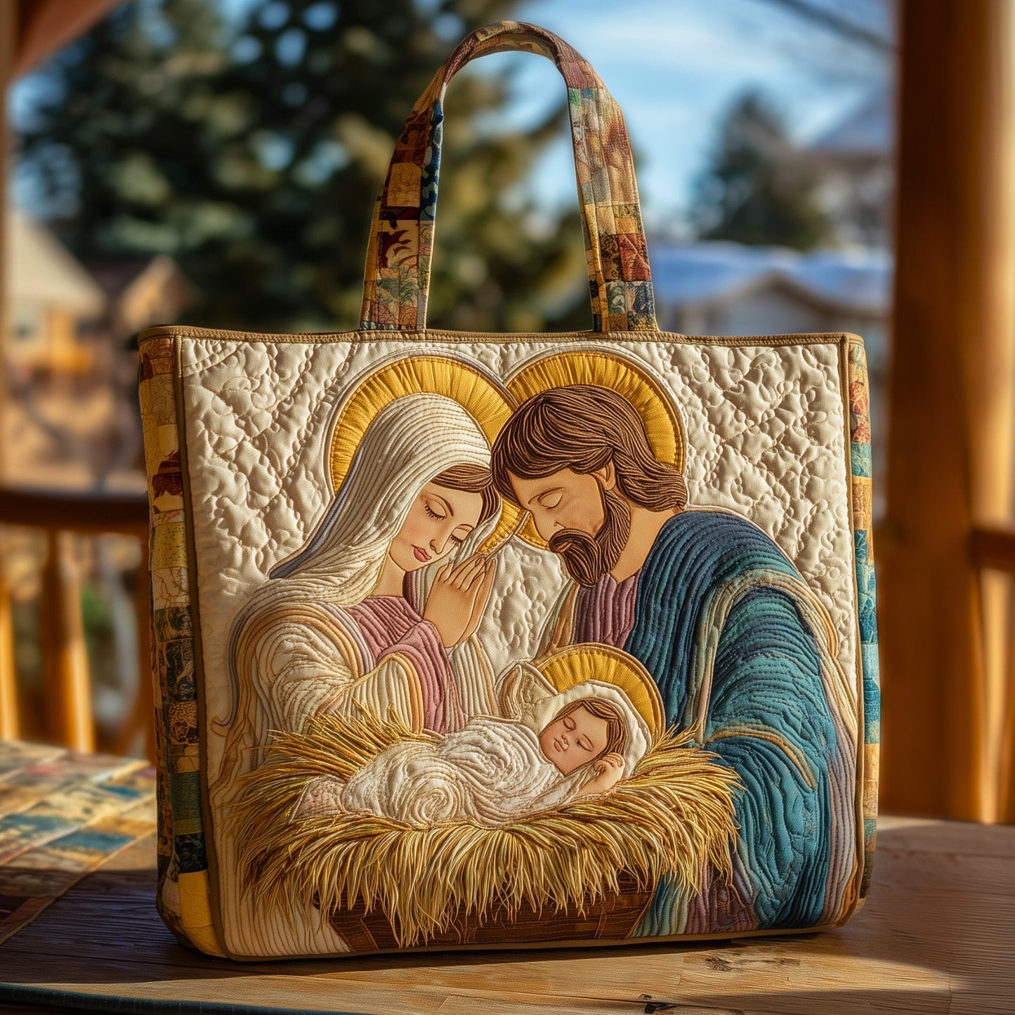 Nativity Scene Jesus Mary Quilted Tote