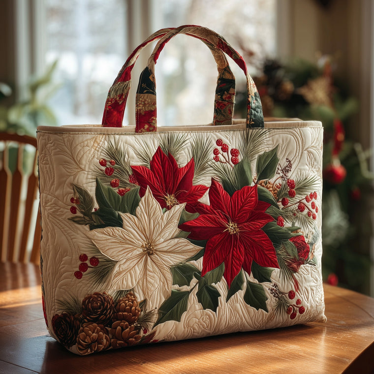 Poinsettia Floral Holiday Quilted Tote