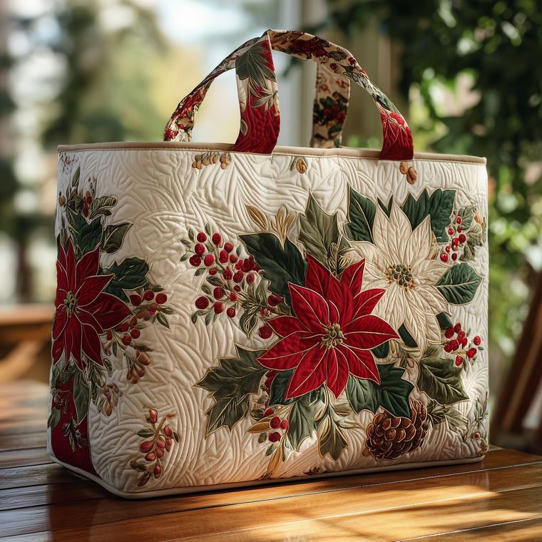 Poinsettia Flower Winter Quilted Tote