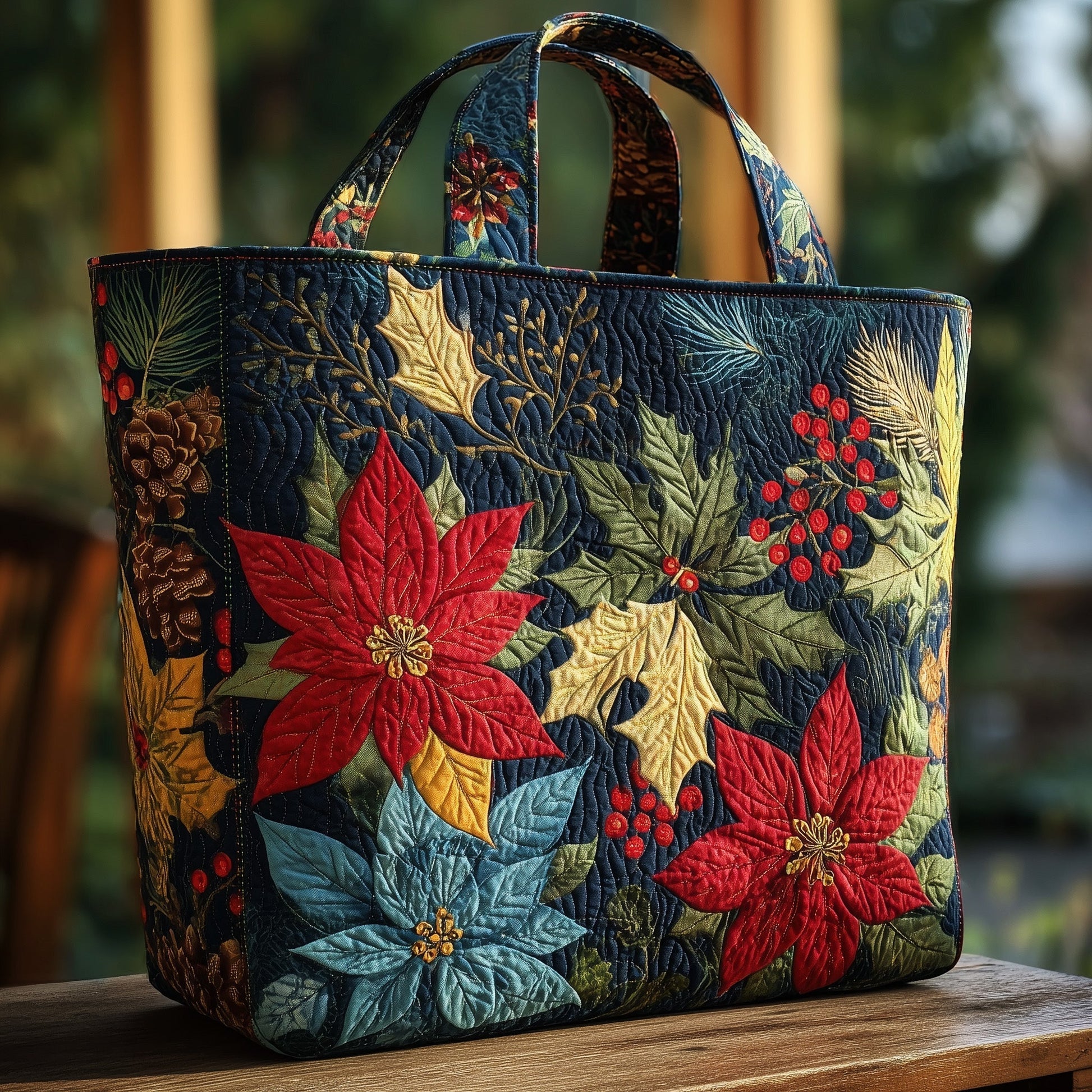 Poinsettia Winter Foliage Quilted Tote