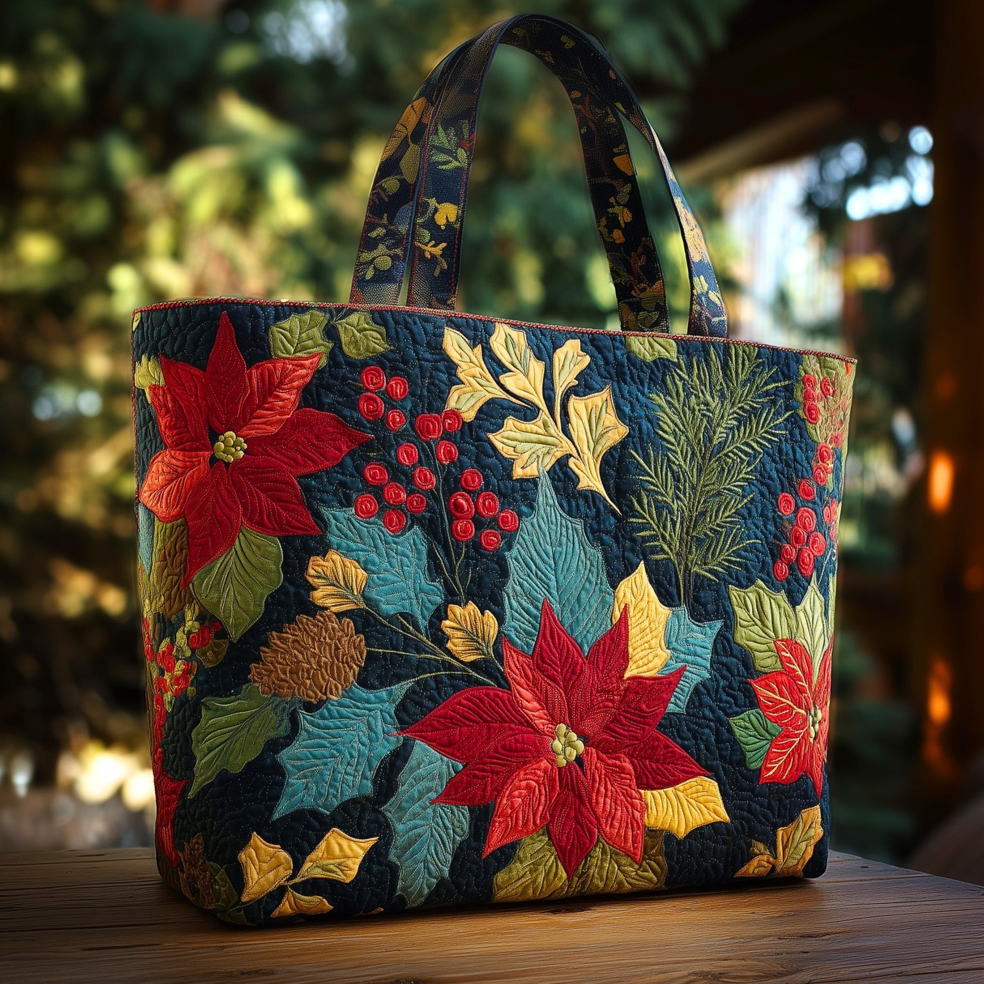 Poinsettia Flower Holiday Quilted Tote