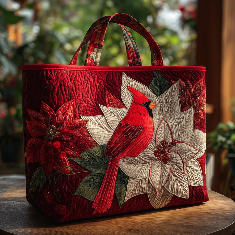 Cardinal And Poinsettia Quilted Tote