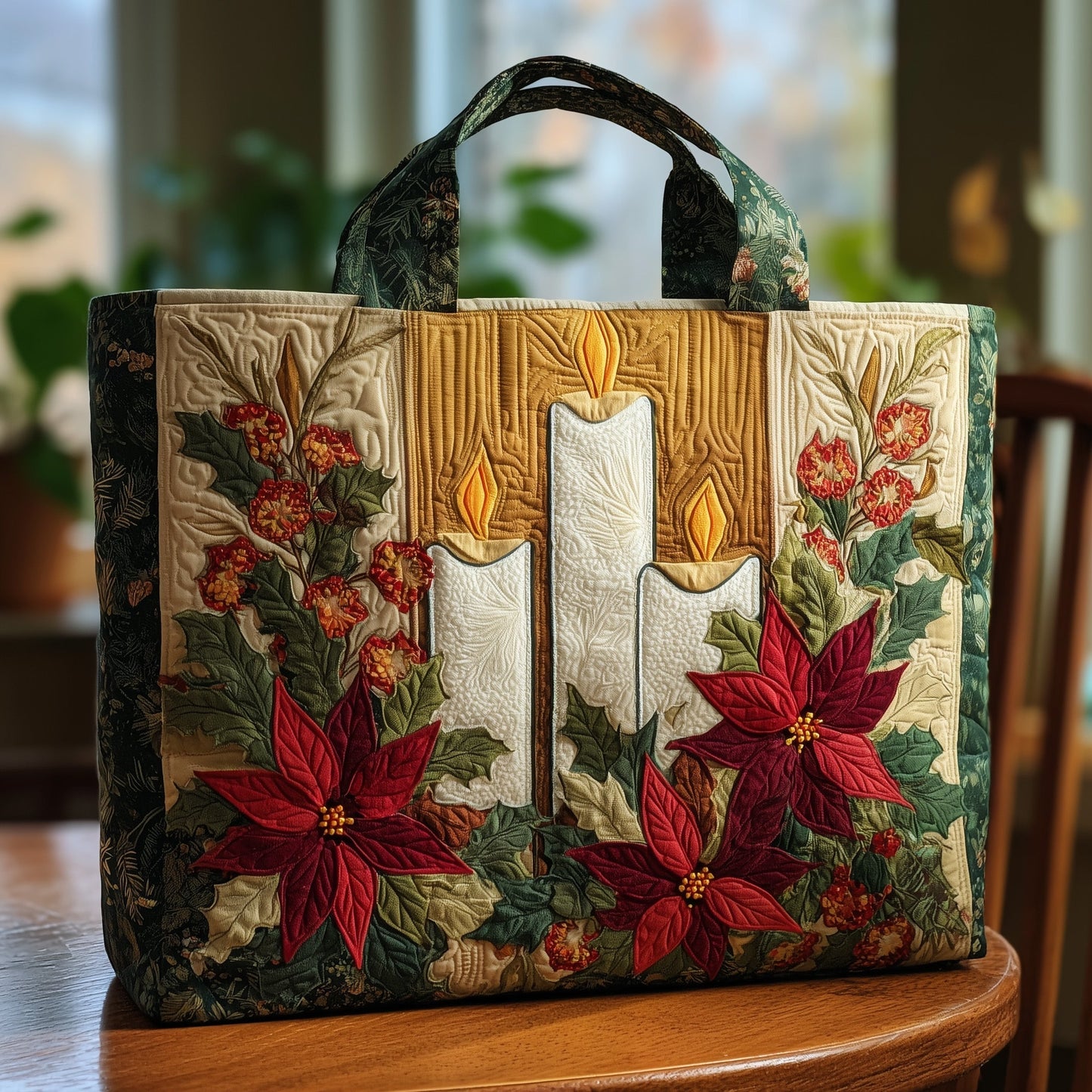 Poinsettia Christmas Candle Quilted Tote