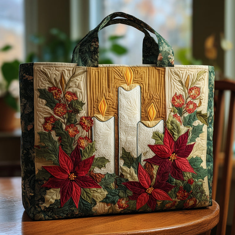 Poinsettia Christmas Candle Quilted Tote