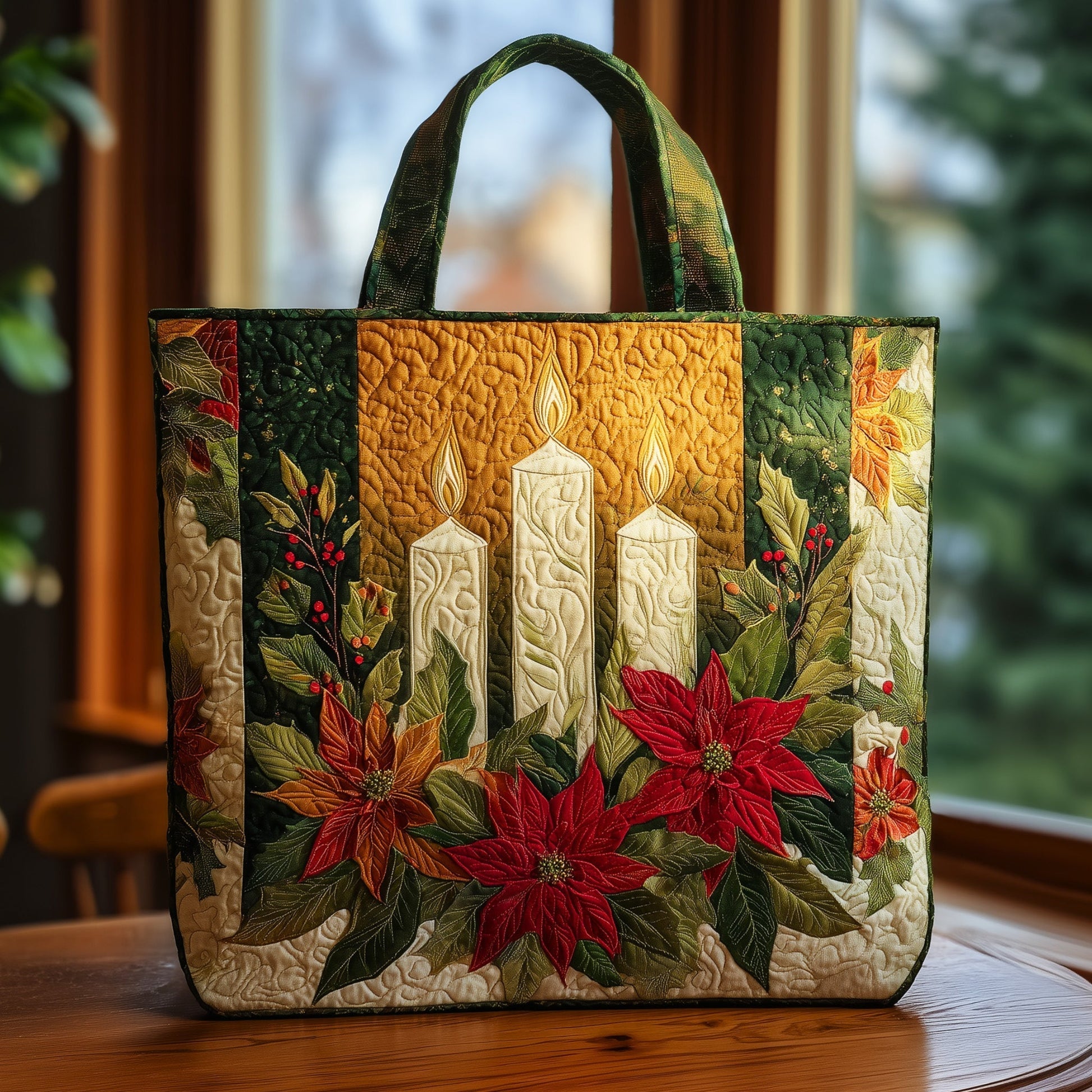 Poinsettia Flowers Candles Quilted Tote
