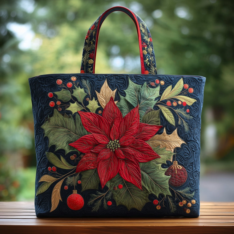 Poinsettia Holiday Foliage Quilted Tote