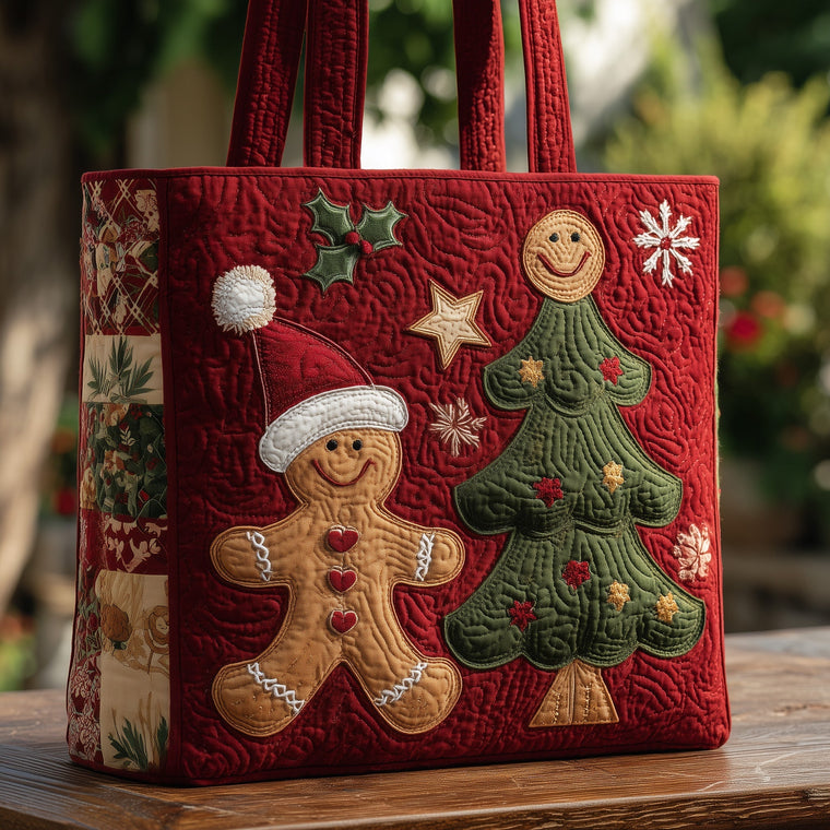 Gingerbread Man Christmas Tree Quilted Tote