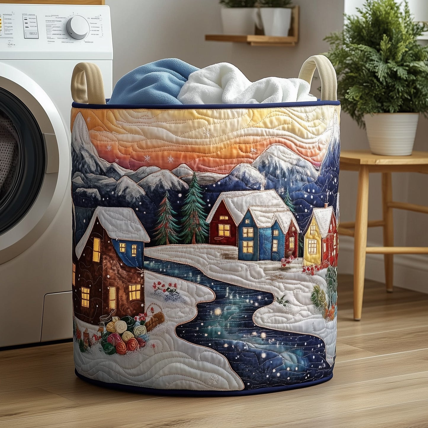 Snowy Village Laundry Quilted Tote