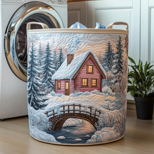 The Peaceful Snow Cabin Quilted Laundry Basket Tote