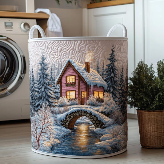 The Peaceful Snow Cabin Quilted Laundry Basket Tote