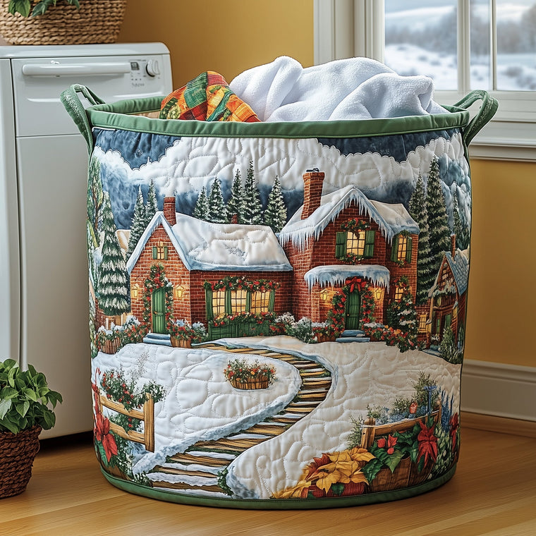 The Peaceful Snow Cabin Quilted Laundry Basket Tote