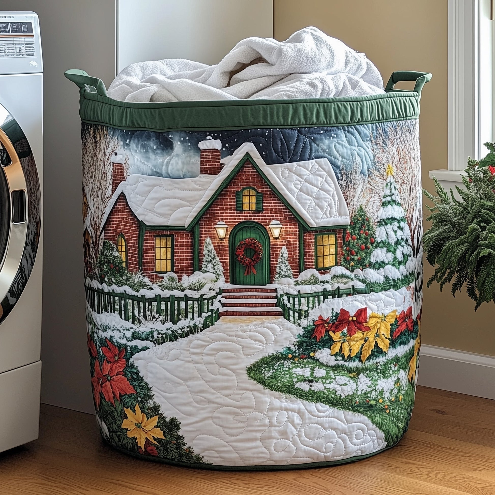 The Peaceful Snow Cabin Quilted Laundry Basket Tote
