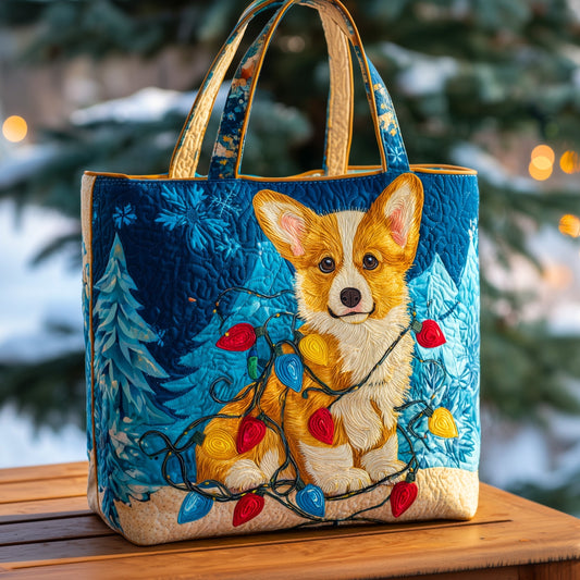 Corgi Dog Christmas Lights Quilted Tote