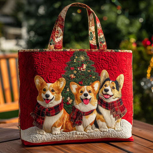 Three Corgis Christmas Tree Quilted Tote