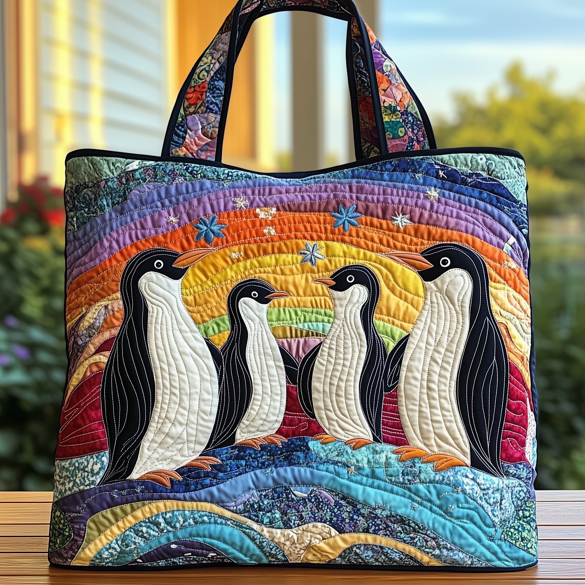 Penguins Rainbow Winter Quilted Tote