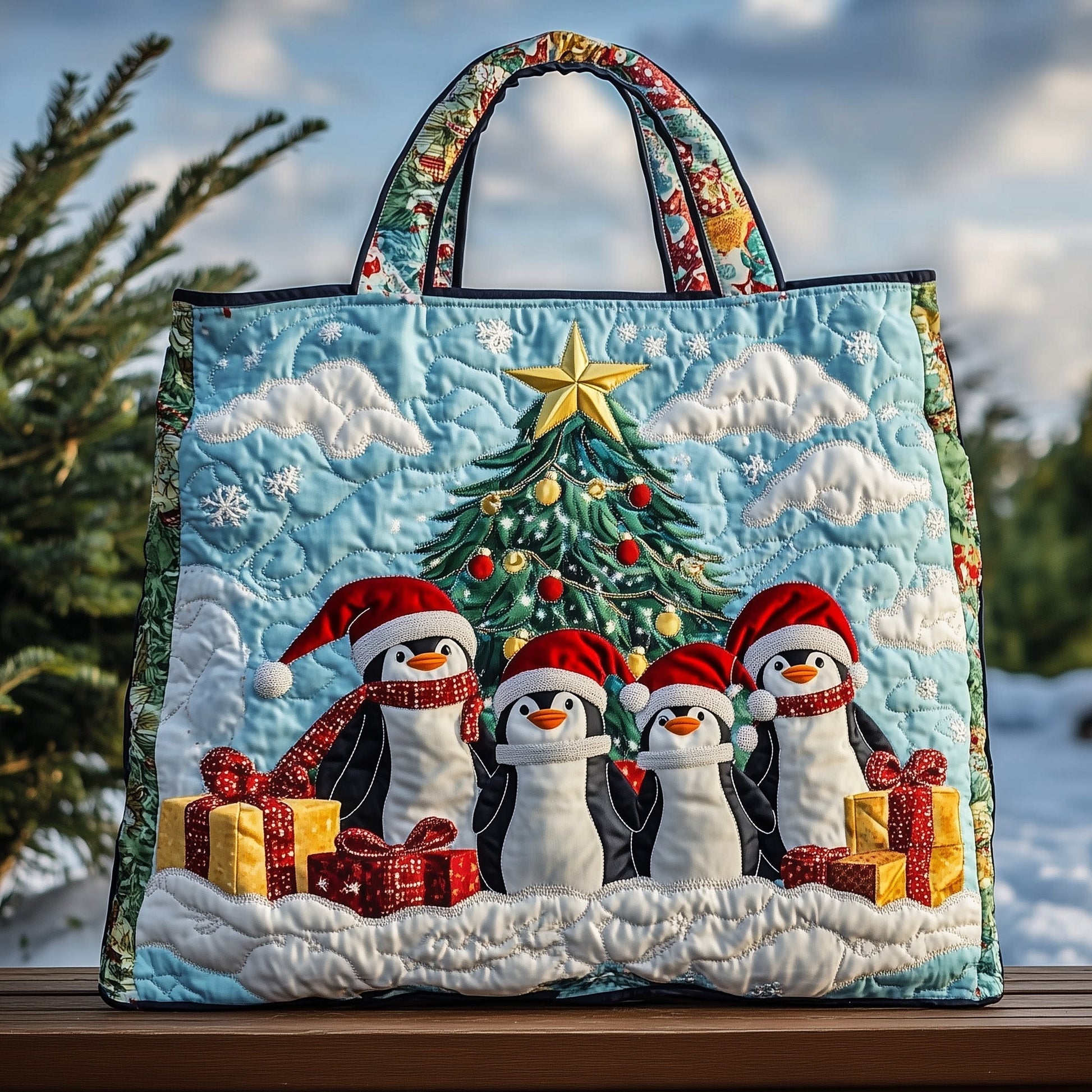 Christmas Penguins Tree Quilted Tote